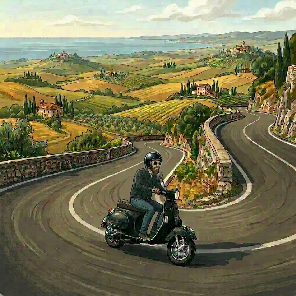 Person riding a scooter on a curvy road overlooking the Amalfi Coast and sea